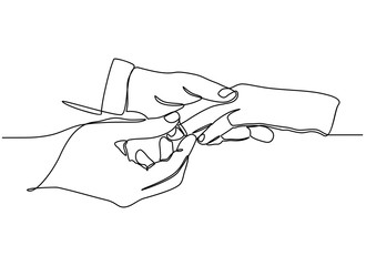 continuous line drawing of close up of male hand inserting an engagement ring Into a finger
