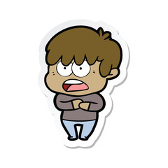 sticker of a worried cartoon boy