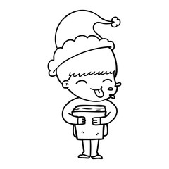 line drawing of a boy wearing santa hat