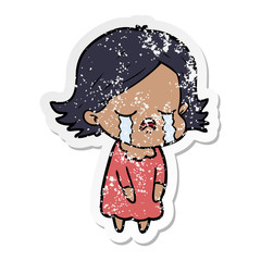 distressed sticker of a cartoon girl crying