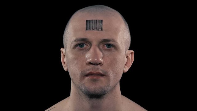 close-up man who has a barcode on his forehead with a inscription clone 666