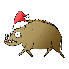 gradient cartoon of a wild boar wearing santa hat