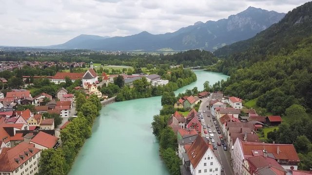A lovely view of fussen on the Lech river against the backdrop of Alpine mountains. The view from the top.