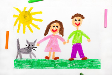 Colorful drawing: Happy couple and cute cat