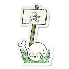 distressed sticker of a cartoon skull bones and warning sign