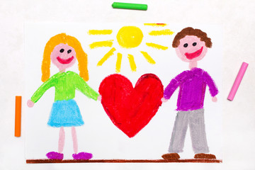 Colorful drawing: Happy couple holding big red heart.