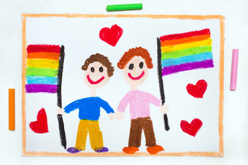 Colorful drawing: Happy gay couple with lgbt flag