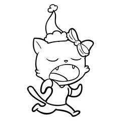 line drawing of a yawning cat wearing santa hat