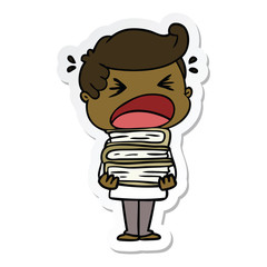 sticker of a cartoon shouting man with stack of books