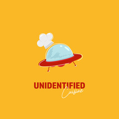 Unidentified cuisine logo with alien ufo wear chef hat flying in cartoon scrabble unique illustration symbol cartoon icon