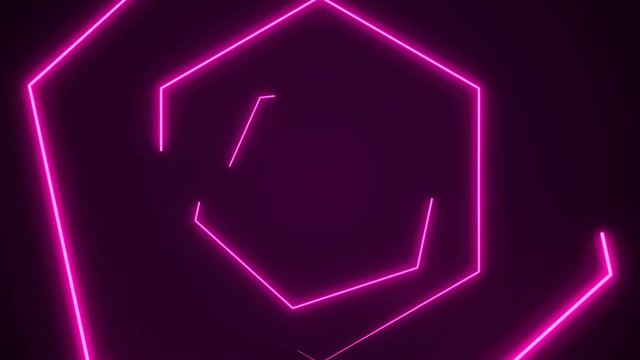 Futuristic HUD hexagon tunnel seamless VJ loop. 4K Neon motion graphics for LED, TV, music, show, concerts. Bright retro cosmic night club 3D animation with data flow concept for speed and connection