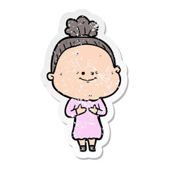 distressed sticker of a cartoon happy old woman