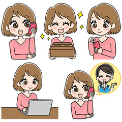 通販をする女性のイラストセット