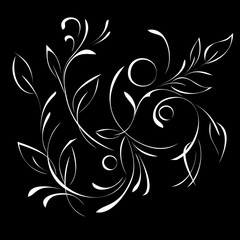 stylized twigs with leaves in white lines on black background