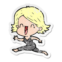distressed sticker of a cartoon happy woman