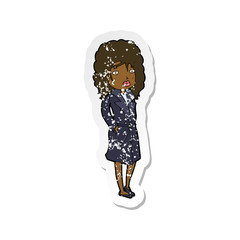 retro distressed sticker of a cartoon woman in trench coat