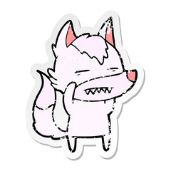 distressed sticker of a cartoon wolf showing teeth