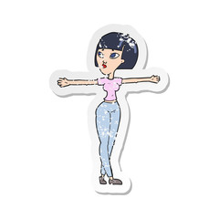 retro distressed sticker of a cartoon woman spreading arms