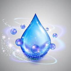 Pure blue water drop vector illustration. Swirling winds decor. Ecological safety, natural, clean beverage, essential element of life, environment pollution or aqua deficiency issue isolated on white.