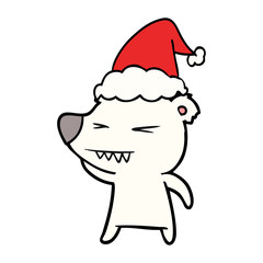 angry polar bear line drawing of a wearing santa hat