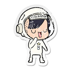 distressed sticker of a cartoon astronaut woman