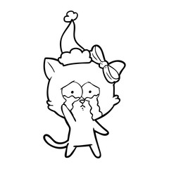 line drawing of a cat wearing santa hat