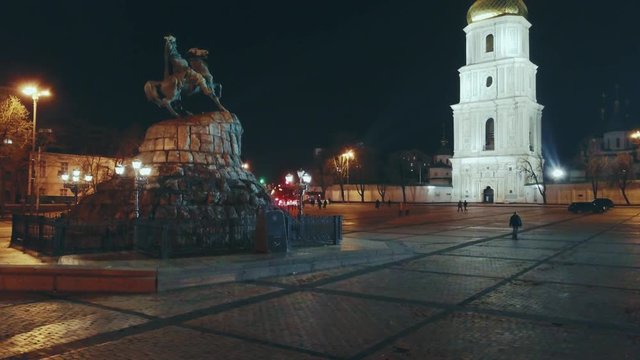 Sofiya Kyivska, famous and important landmark of Kyiv, big orthodox church with Bohdan Khmelnytsky monument at dusk time