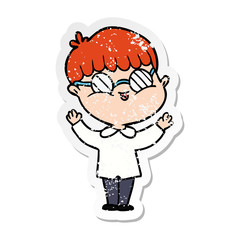 distressed sticker of a cartoon boy wearing spectacles