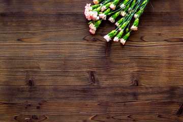 Delicate spring flowers. Small pink carnation on dark wooden background top view space for text