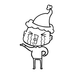 line drawing of a crying bald man wearing santa hat