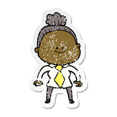 distressed sticker of a cartoon happy old woman