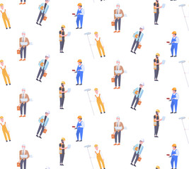 construction workers different industrial technicians men builders seamless pattern male cartoon characters full length isolated
