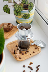 Hot coffee dripping in Vietnam style, morning routine, minimal style, good morning concept