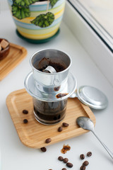 Hot coffee dripping in Vietnam style, morning routine, minimal style, good morning concept