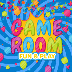 Game room. Color poster for kids zone in cartoon style. Place for fun and play.
