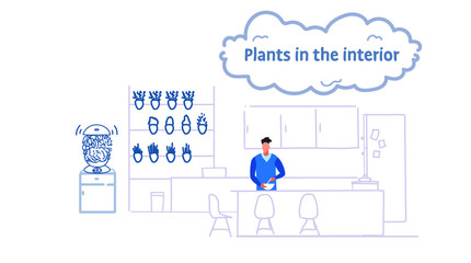 man preparing food modern dining room kitchen interior with plants on wall male cartoon character portrait sketch flow style horizontal