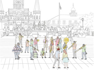 Hand drawn illustration. A big brass band performs jazz music to a crowd in Jackson Square in the French Quarter, with the St. Louis Cathedral in the distance.