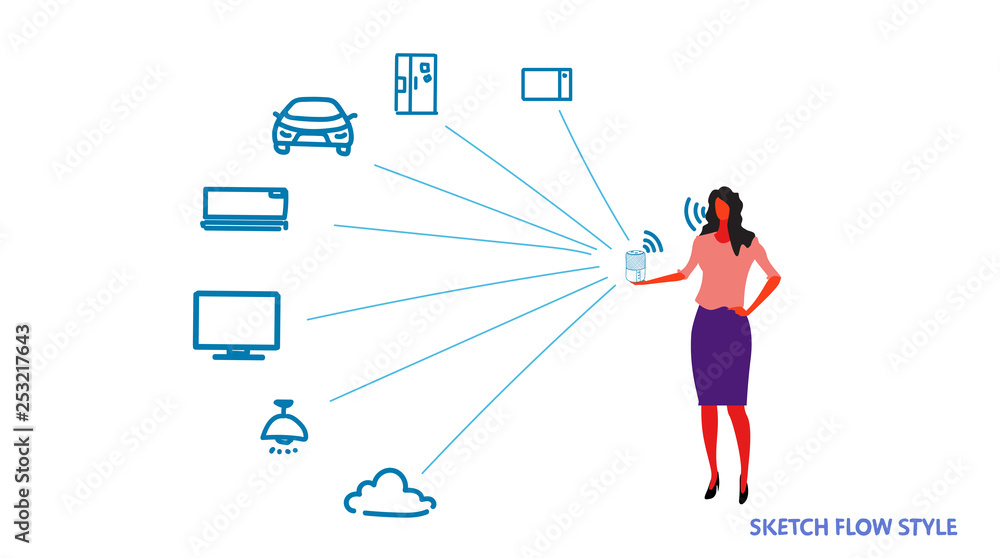 Aufkleber woman controlling home network talking to smart speaker personal virtual assistant voice command rec
