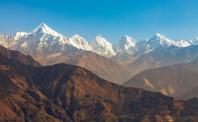 Himalaya mountain range with Panchchuli peaks visible from Munsiyari Uttarakhand India.	