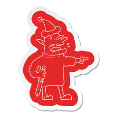 cartoon  sticker of a goblin with knife wearing santa hat