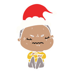 flat color illustration of a annoyed old lady wearing santa hat