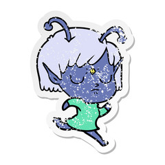 distressed sticker of a cartoon alien girl