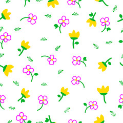Simple Vector Seamless Cute Yellow and Purple Flower with green Leaf Pattern for background, banner wrapping paper, curtain etc