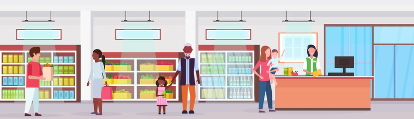 retail woman cashier at checkout supermarket mix race customers standing line queue shopping concept grocery market interior flat horizontal banner