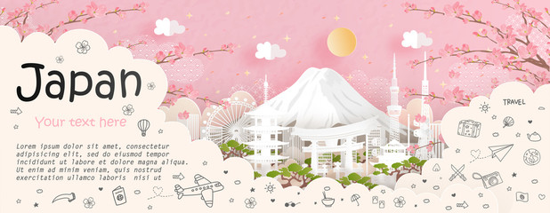Tour and travel advertising, postcard, poster of world famous landmark of Japan in paper cut style vector illustration.