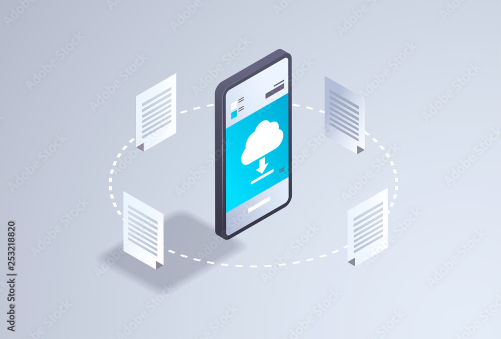 Poster online downloading mobile application computing cloud synchronization concept network sync document storage 3d isometric smartphone screen horizontal