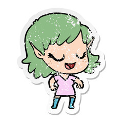distressed sticker of a happy cartoon elf girl