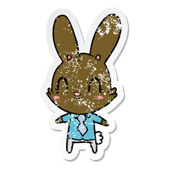 distressed sticker of a cute cartoon rabbit in shirt and tie