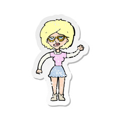 retro distressed sticker of a cartoon waving woman wearing spectacles