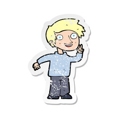 retro distressed sticker of a cartoon boy posing for photo